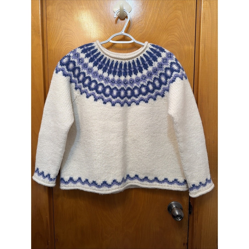 LL Bean Chunky 100% Wool Nordic Yoke Sweater Cream Lavender Blue Size Large